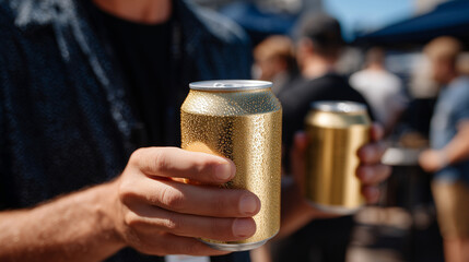 Detailed close-up of hands holding chilled beer cans, moisture beads visible, gold can contrasting with matte can, casual gathering and promotional beverage visual