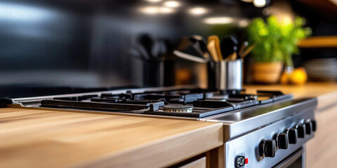 Empty professional kitchen showcasing a gas range and sleek wooden countertop, highlighting stainless steel equipment ready for future cooking, emphasizing cleanliness and readiness