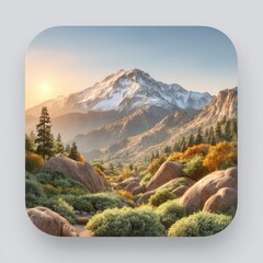 Majestic snowcapped peak rises above rocky slopes and lush autumn foliage at sunrise, creating an inspiring landscape ideal for outdoor brands and nature campaigns.