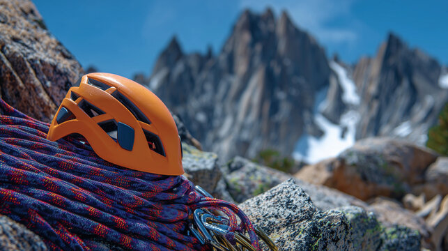 Close-up of an orange climbing helmet resting on rugged grey rocks, blue and red climbing ropes coiled beside it, metal carabiners catching sunlight, mountain sport safety gear rea