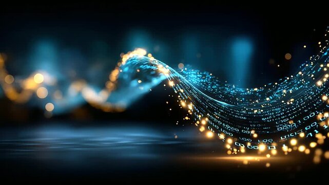 Digital data stream with glowing blue and gold binary code numbers, dark background, cybersecurity and information technology concepts, defocused code flow, with copy space