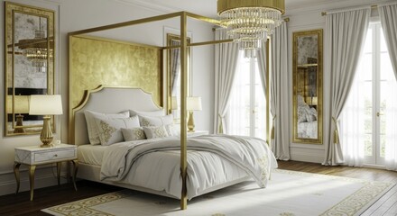 Luxurious Gold and White Modern Classic Bedroom Interior with Four-Poster Bed, Crystal Chandelier, and Ornate Mirrors Bathed in Natural Light