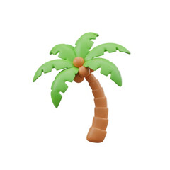 A stylized illustration of a palm tree with green leaves and a curved brown trunk on a white background