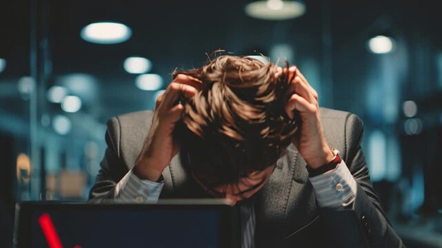 Stress and Strain: a Person Grappling with Work-related Challenges, person experiencing intense pressure at his work station, hunched over his work and trying to deal with stress and mental strain.