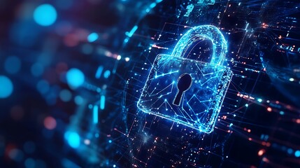 Digital security illuminated padlock on abstract blue tech background