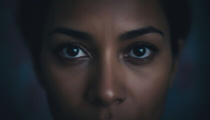 Fototapeta premium Intense close-up shows a person's striking eyes and facial features, capturing emotions in a dimly lit environment that adds mystery and depth to the scene