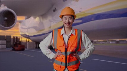 Asian Female Engineer Wearing Safety Helmet Smiling To Camera While Standing With Arms Akimbo at Airport with Massive Cargo Aircraft Loading Freight