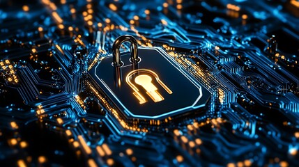 Digital security illuminated padlock on circuit board representing protection