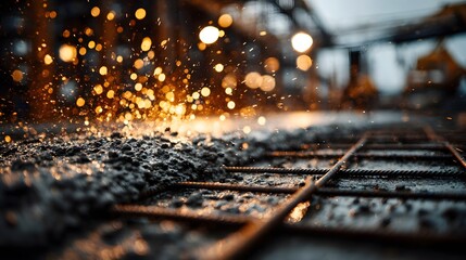 Wet concrete pours onto a rebar grid at a construction site, capturing splashes and droplets against a background of warm industrial lighting.