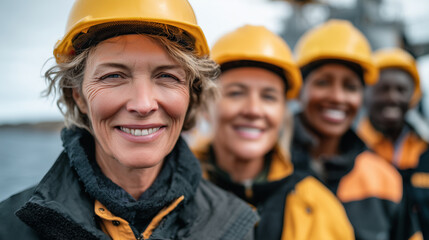 Close-up of four diverse women wearing yellow hard hats and work clothes, standing together outdoors, smiling confidently, bright natural light, construction and earth science prof