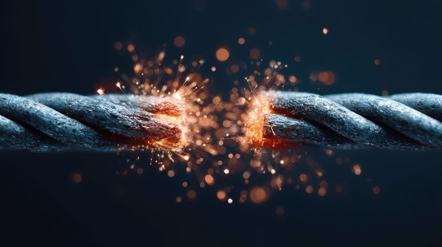 Close-up of a frayed rope with sparks, symbolizing danger and breaking