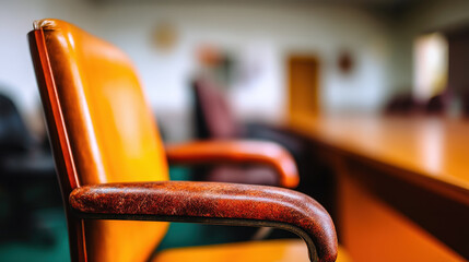 Office chair leather conference empty workplace meeting business brown furniture focus An empty brown leather office chair conference table head, shallow depth of field creating focused workplace