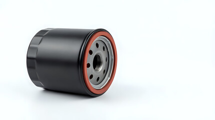 Black automotive oil filter with red gasket isolated on a clean white background studio shot