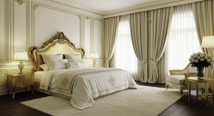 Luxurious and Elegant Bedroom Interior Design with Ornate Gold Headboard, Classic Wall Paneling, and Plush Furnishings in Cream and Gold Tones