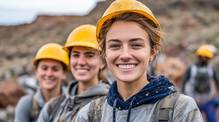 Close-up of four smiling female geologists in yellow helmets, outdoor field site with rocks and soil in background, diverse team, professional confidence and teamwork concept