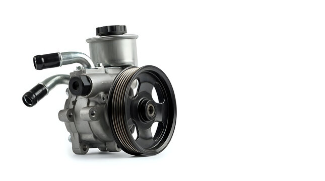 New automotive power steering pump replacement part isolated on a clean white background