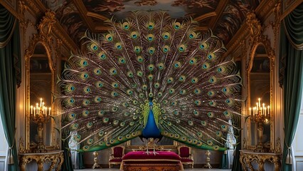 Obraz premium 優雅な孔雀は壮大な宮殿の背景に堂々と羽を広げる