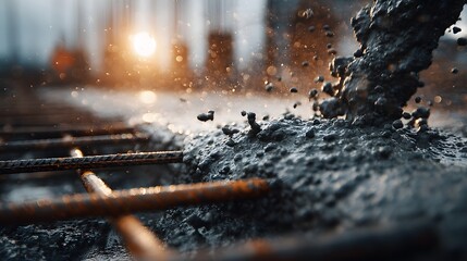 Wet concrete pours onto a rebar grid at a construction site, capturing splashes and droplets against a background of warm industrial lighting.