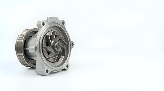 Precision automotive water pump component with pulley, isolated on a clean white background