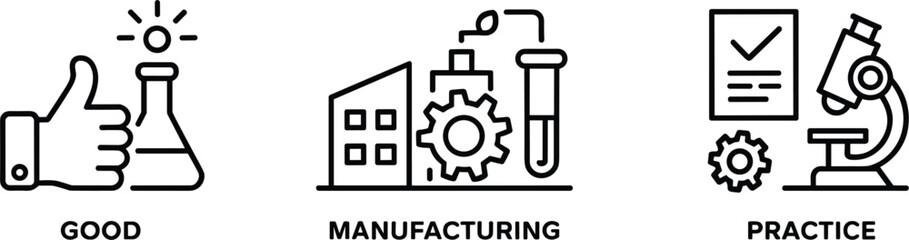 Obraz premium Icons Representing Good Practice, Manufacturing, and Scientific Research with Labels thumbs up like
