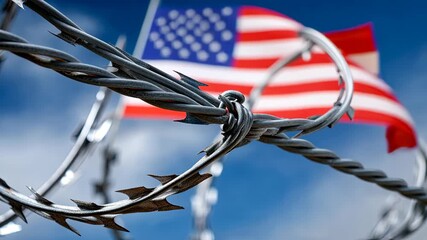 Barbed wire fencing with American flag background shown in bright daylight at a border location in the United States