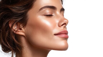 Beautiful woman with radiant skin and closed eyes, side profile on white background