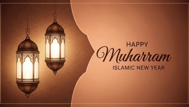 Elegant islamic new year background featuring ornate lanterns and warm brown tones - Powered by Adobe