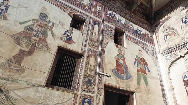 Detailed View of Medieval Period Haveli Interior Walls with Ornate Fresco Murals and Traditional Patterns, Nawalgarh Rajasthan, India