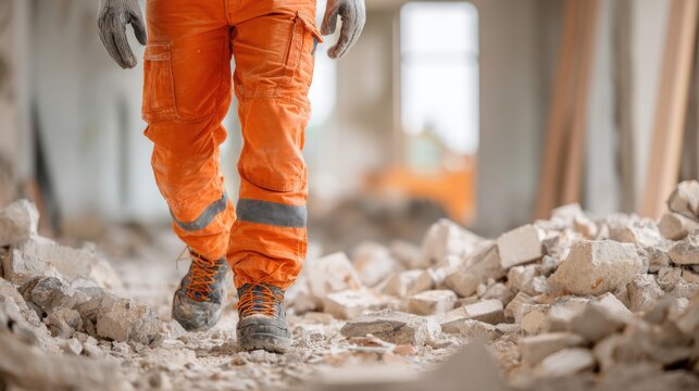 A worker walks through a construction site wearing orange pants and gloves. Pieces of debris cover the ground. The area shows signs of ongoing renovation work