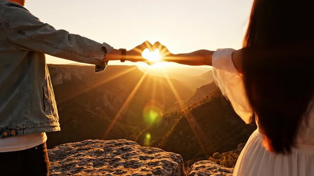Man and woman forming a heart together with hands against a mountain sunset. Romantic gesture and love in nature for couple travel.