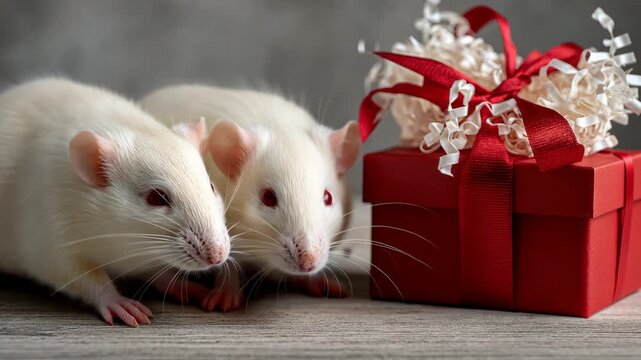 White rats explore a red gift box during a cheerful indoor activity at home in the morning