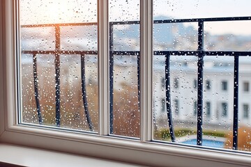 Raindrops on a window overlooking a blurred cityscape
