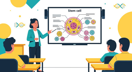 Female teacher explains stem cell structure to student in modern science classroom teaching biology