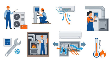 HVAC technicians installing and repairing heating and cooling systems