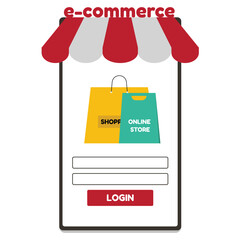 E-Commerce App Clipart &ndash; Mobile Interface with Storefront Awning, Shopping Bags, and Login Button