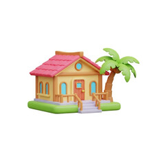 A small house with a red roof and a palm tree in the front yard