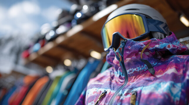 Close-up of colorful ski jackets hanging on racks, helmets and goggles displayed above, vibrant winter sports shop interior, well-lit and organized, outdoor adventure apparel retai