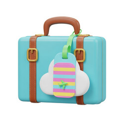 A 3D illustration of a blue suitcase with a colorful tag on a white background
