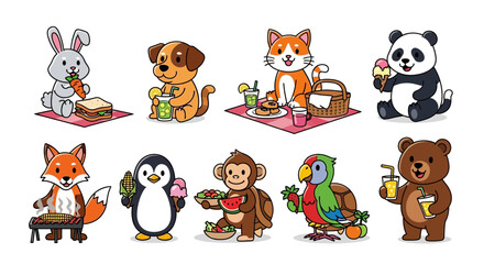 A cute collection of cartoon animals enjoying a picnic and barbecue with various foods and drinks.