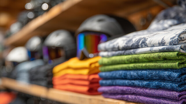 Close-up of ski apparel racks showing colorful jackets, helmets stacked neatly, goggles displayed, indoor shop lighting highlighting textures and colors, winter sports retail conce