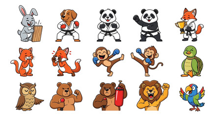 A vibrant collection of cute cartoon animal characters engaged in martial arts, boxing, and expressing various emotions.