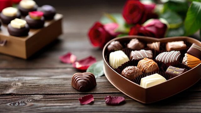 Chocolate box with assorted chocolates and red roses on a wooden table during evening time