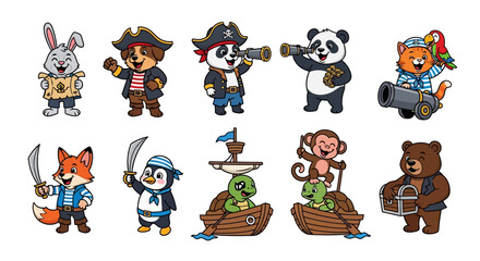 Adorable Cartoon Animals Dressed as Pirates,  Holding Treasure Maps, Swords, and Cannons