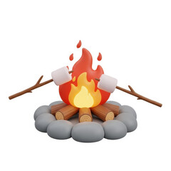 Roasting marshmallows over a campfire on gray stones in a serene outdoor setting
