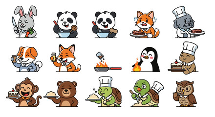 Adorable Cartoon Animals Engaged in Culinary Activities: Chefs, Bakers, and Food Enthusiasts