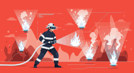Futuristic firefighting augmented reality simulation and training on red background