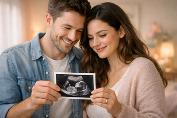 Anticipation: A couple, filled with excitement and happiness, gazes at an ultrasound image, their hearts brimming with the joy of impending parenthood.