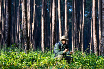 Obraz premium Biologist park ranger is identifying and recording species of the rare plant in the evergreen conifer forest for native and invasive biodiversity organism and food security