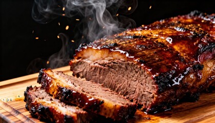 Smoked Beef Brisket Sliced on Wooden Board with Sparkling Embers
