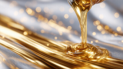 Close-up of golden viscous liquid flowing from metallic bottle, pooling on clean white surface, light reflecting on curves and edges of liquid, refining and pouring concept